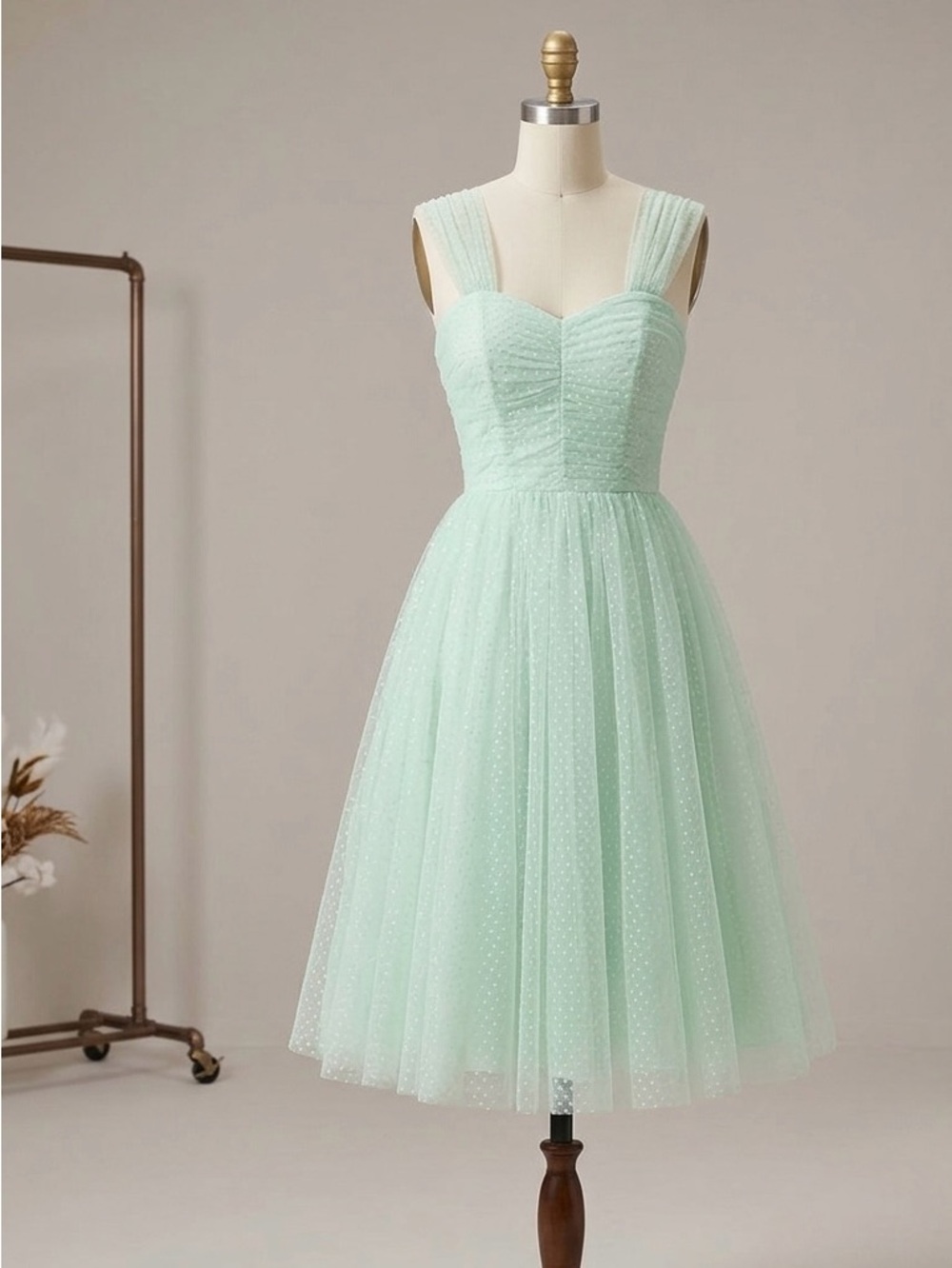 Mint Green Tulle Polka Dot Fit & Flare Party Dress Sweetheart Neckline XS/S